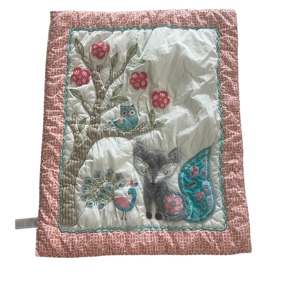 Levtex Baby Fiona Quilt Blanket Fox Owl Peacock Nursery Woodland Pink Teal